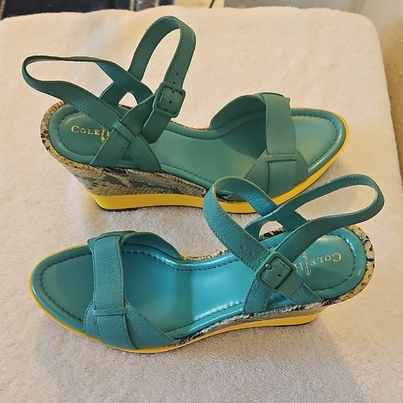 Cole Haan Nike Air Teal and Yellow  Sandals 9B Turquoise & Yellow Snake Wedge - Picture 11 of 16